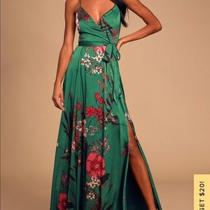 NWT Lulu’s Still the One Emerald Green Floral Print Satin Maxi Dress